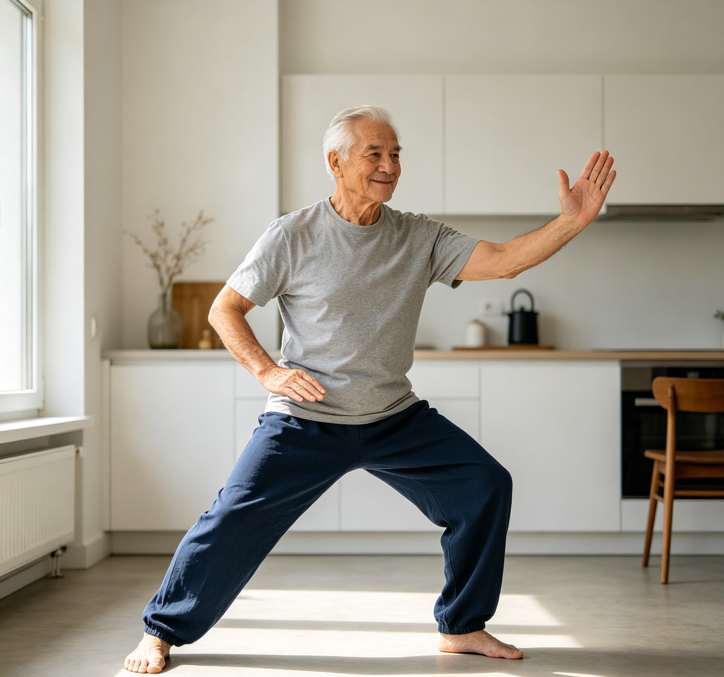 Older adults practicing Tai Chi at home