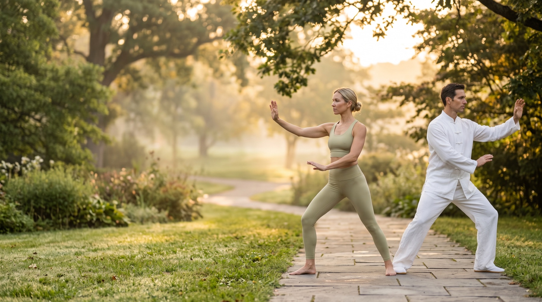 Adults practicing Tai Chi in a sunlit park